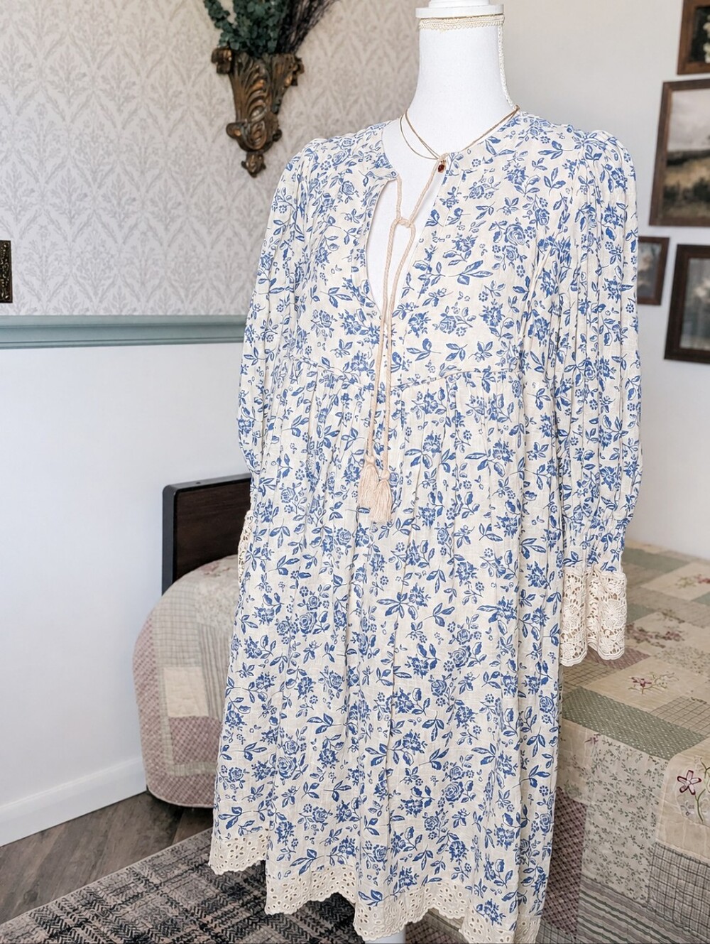 NWT Olivaceous Blue Floral Cotton Cottagecore Lace Midi Dress L